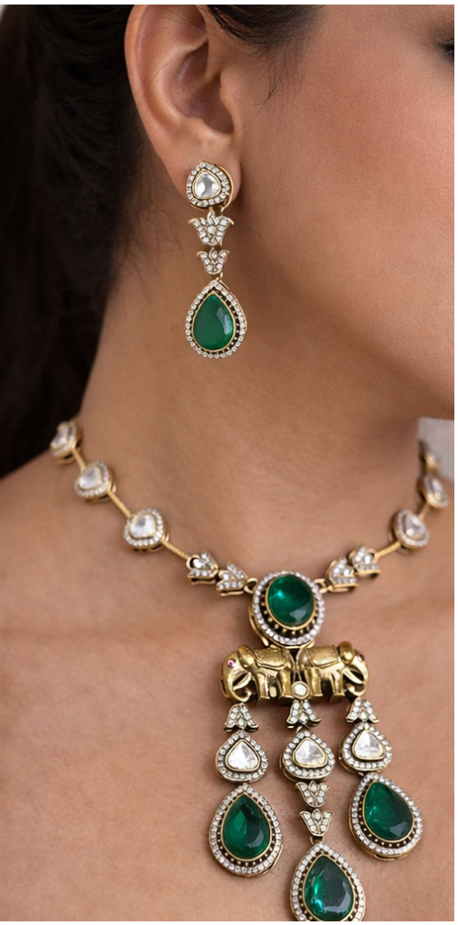 Gajraaj Emerald Kundan Long Necklace Set
