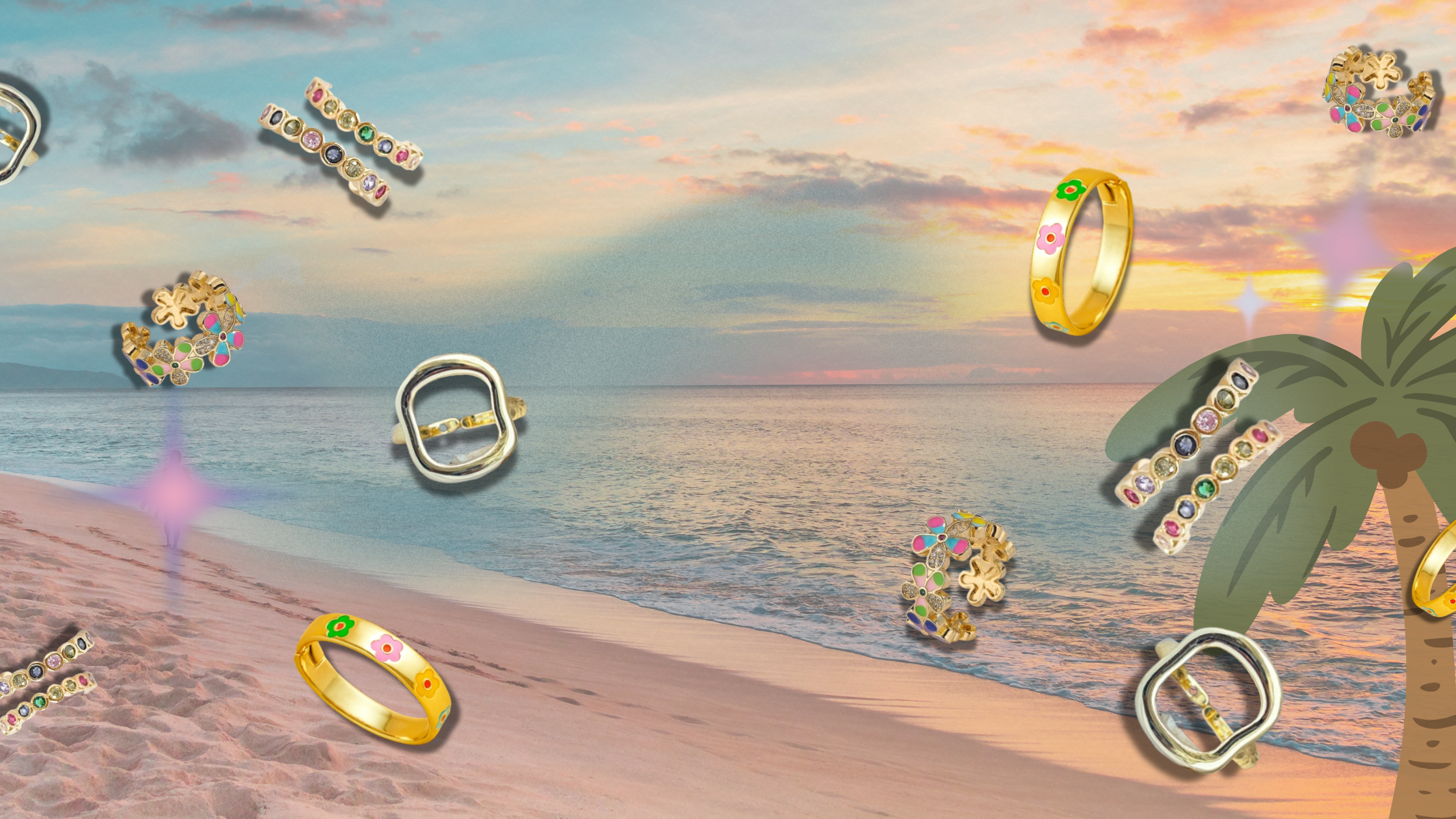 Jewelry items on a beach with a sunset background