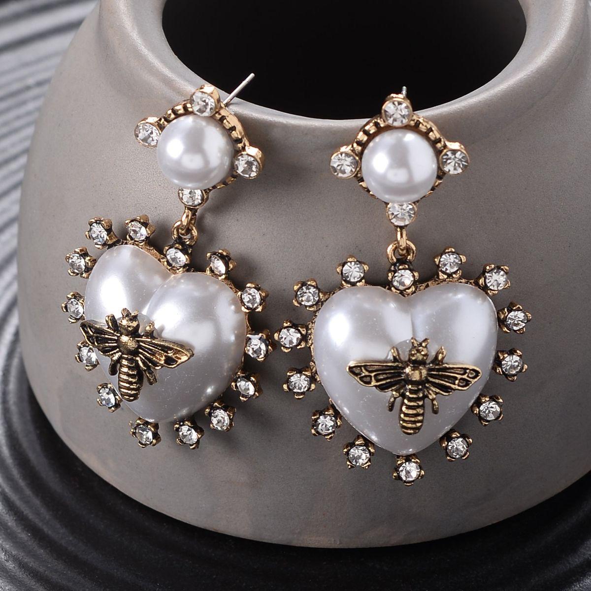 Vintage Pearl Heart Bee Drop Earrings