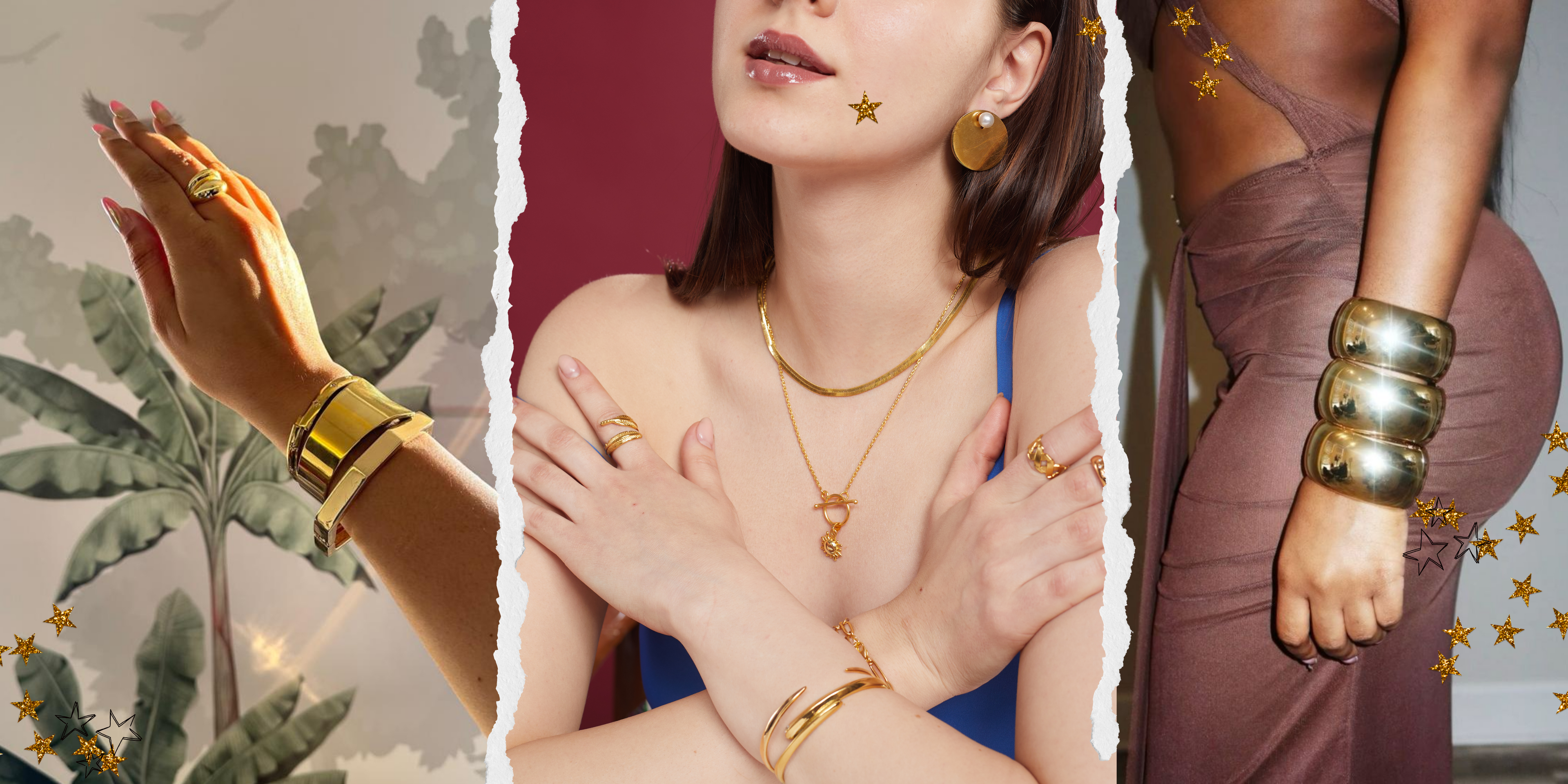 Women wearing statement gold jewelry including bangles, rings, earrings, and layered necklaces