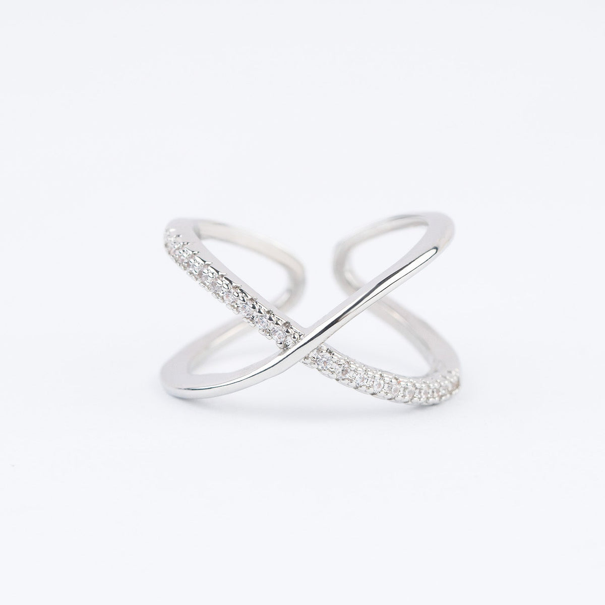 Sterling silver crossover ring with cubic zirconia accents