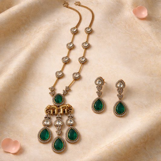 Gajraaj Emerald Kundan Long Necklace Set