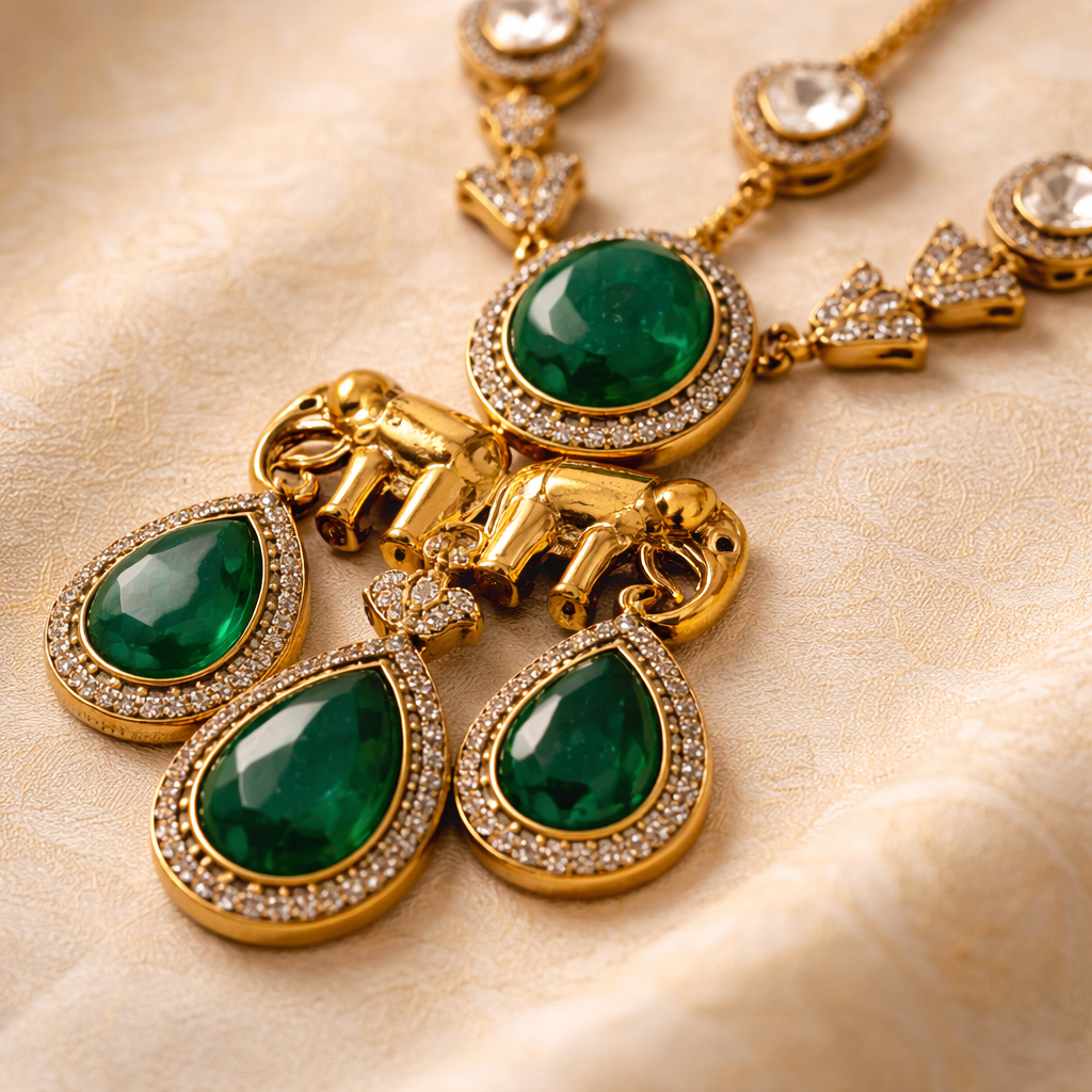 Gajraaj Emerald Kundan Long Necklace Set
