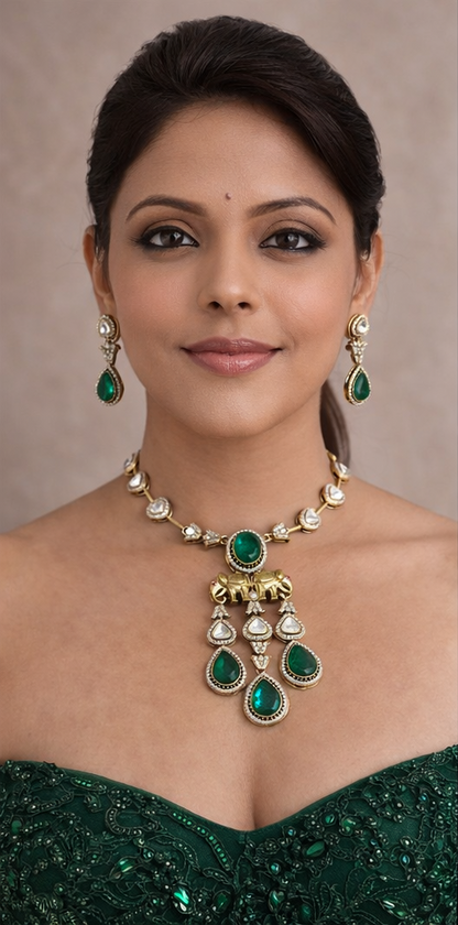 Gajraaj Emerald Kundan Long Necklace Set