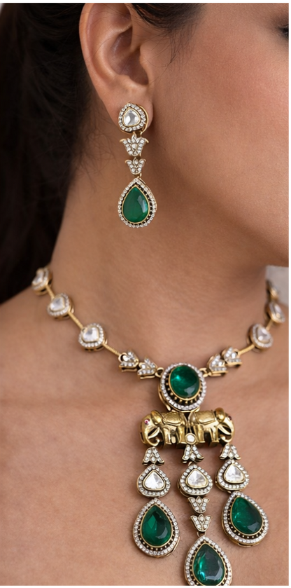 Gajraaj Emerald Kundan Long Necklace Set