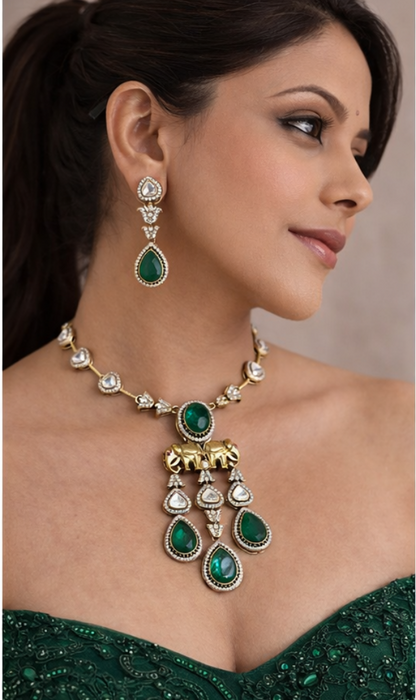 Gajraaj Emerald Kundan Long Necklace Set