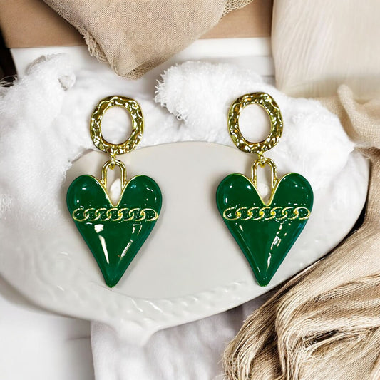 Emerald Chain Heart Drop Earrings