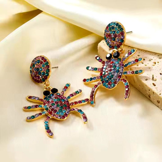 Colorful Rhinestone Spider Dangle Earrings