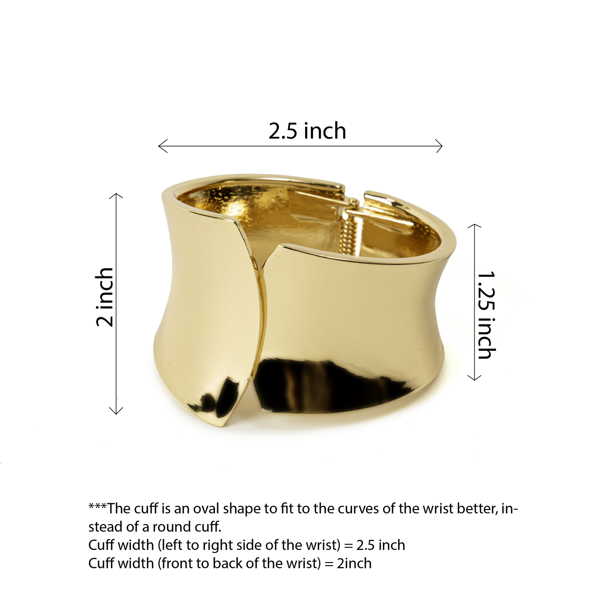 Gold cuff with measurements on a white background